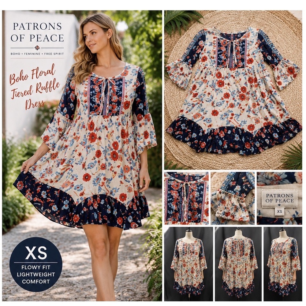 Patrons of Peace Boho Floral Dress XS Cottagecore Hippie Festival Indie Peasant
